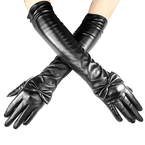 Luwint Black Long Gloves for Women, Faux Leather Fashion Female Decorated Butterfly Bow Tie Long Mittens