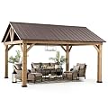 Sunjoy Wood Gazebo 13 x 15 ft. Outdoor Patio Premium Cedar Frame Gazebos with Brown Steel Gable Hardtop Roof for Garden, Backyard Shade, Brown Roof + Natural Wood Frame
