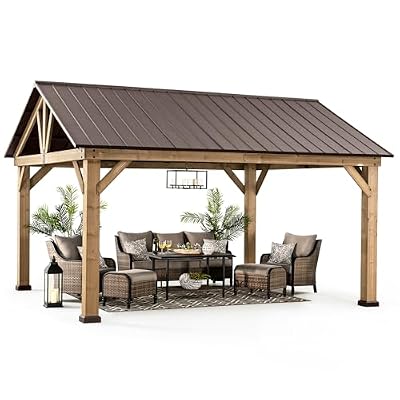 Sunjoy Wood Gazebo 13 x 15 ft. Outdoor Patio Premium Cedar Frame Gazebos with Brown Steel Gable Hardtop Roof for Garden, Backyard Shade, Brown Roof + Natural Wood Frame