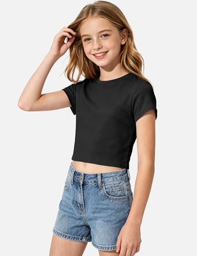 Image of Auranso Girls Crop Tops Kids Short Sleeve T-Shirts Basic Summer Tee Top