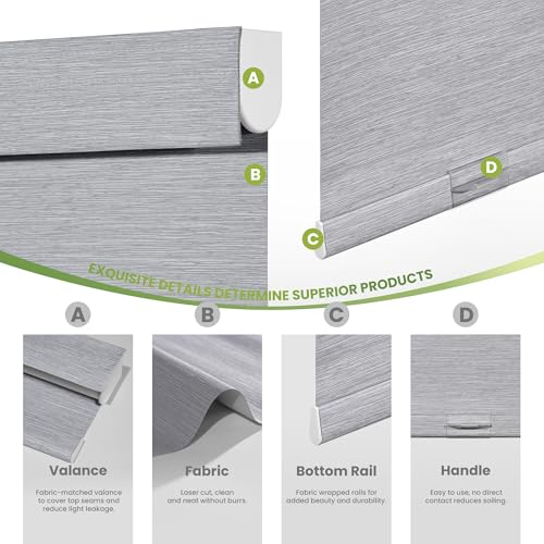 MoDanCeQ Blackout Roller Shades for Indoor Windows, Cordless Jacquard Fabric-Matched Roller Blinds, Easy to Install Privacy UV Protection Roll Up Blinds for Home Office, Grey, 35