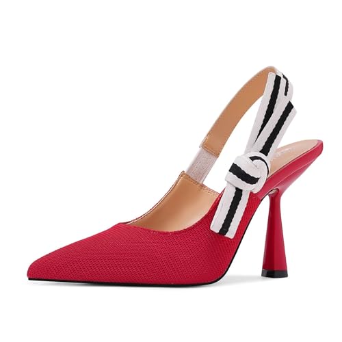 Slingback Heels for Women Closed Pointed Toe High Heels Bowknot Knitted Dress Work Wedding Pumps Shoes Red