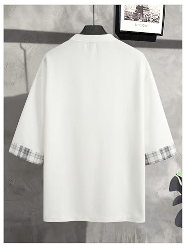 Image of OYOANGLE Men's Textured 3 /4 Sleeve Drop Shoulder T Shirt Loose Fit Plaid Cuff Tee Tops