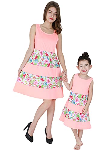 Gorife Mommy And Me Matching Dress Family Flower Print Sleeveless Crewneck Short Dress Pink Flower 5-6Y #TOP1