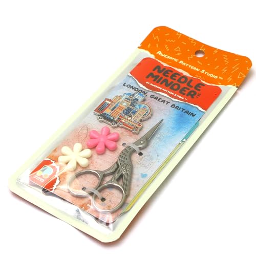 Image of Awesome Pattern Studio Needle Minder Set - London Magnetic Needle Minder + 2 Needle Threaders + Crane Scissors. Enamel Pin for Cross Stitch, Embroidery and Craft