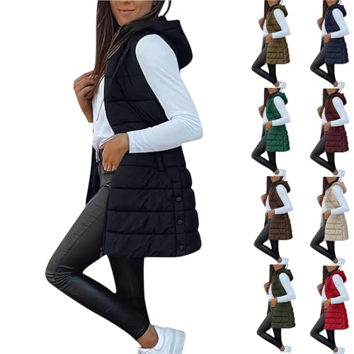 Black Long Puffer Vests For Women Puffy Vest Tops Quilted Hooded Zip Up Sleeveless Plus Size Lightweight Padded Jacket Fall Winter Warm Casual Outwear Coat With Pockets Teen Girl Clothes 2025