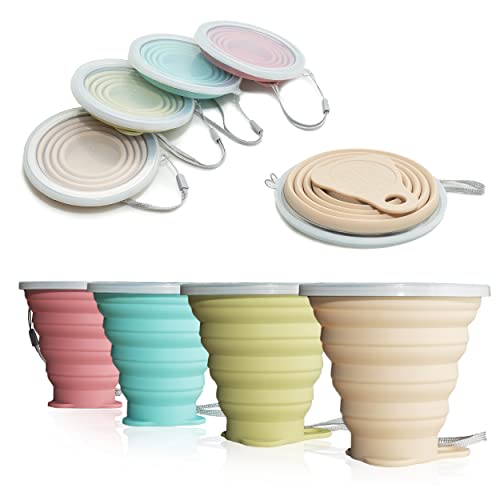 LYY Faltbarer Becher, zusammenklappbare Silikonbecher mit Kunststoffverschlussdeckel Wiederverwendbares tragbares Becherset für Picknick, Camping, Outdoor-Wanderreisen(4 Colors , pink)