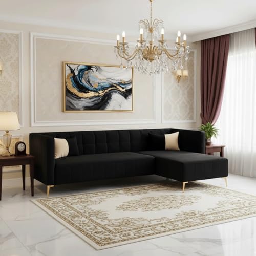 Image of SOCOZI Stylluxe 6 Seater Velvet Fabric RHS L Shape Sofa Set for Living Room |Fabric L Shape Sofa Set for Home & Office (Black)