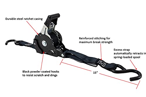 Mytee Products RS112RX4-AMZ 4 Auto Retract No-Ratcheting Ratchet Straps | 1 Inch X 12' Retractable Ratchet Straps With Coated S Hook Tiedowns thumb #2