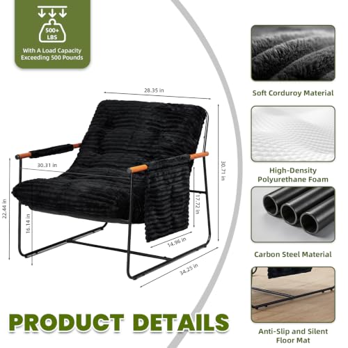 Modern Comfy Accent Chair, Cozy Corduroy Living Room Chair with Armrests Storage Pocket, Upholstered Lounge Chair Indoor, Lightweight Armchair for Bedroom Reading Nook Office Adults, Black - Image 2