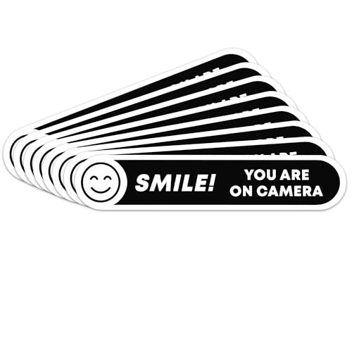 Image of | Smile You're On Camera Stickers (8 Pcs) - Strong Adhesive, Waterproof You are On Camera Signs! Size 5 inch x 1 inch. Anti Theft Car Stickers. Perfect for Business and Home Security (8)