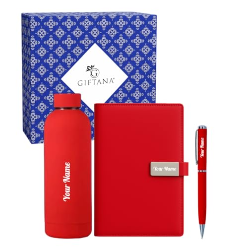 Image of Giftana 3 in 1 Personalized Diary, Pen & 500ml bottle Gift Set (Red)