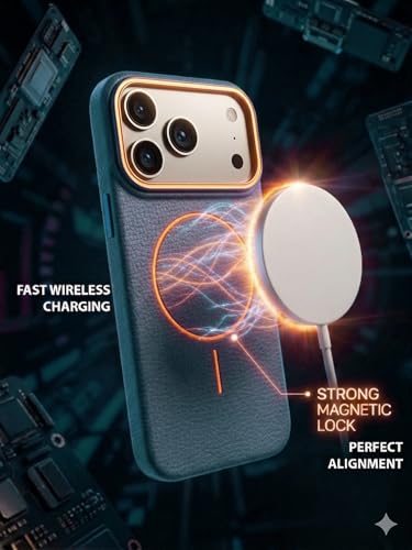 Image of amazon basics Luxury MagSafe Compatible Leather Texture Back Cover for iPhone 17 Pro Max | Raised Camera Protection | Slim Fit Shockproof Case with Metallic Accents (Dark Blue)