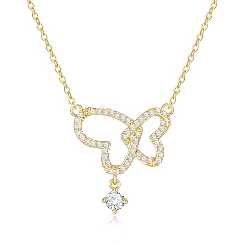 Kette Herz Anhänger Silber Damen-Verschlungene Zirkonia Doppel-Herzen Halskette,14K Vergoldet Schmetterling Verstellbar Halsketten Anhänger, Geschenk Tochter Mutter Ehefrau...