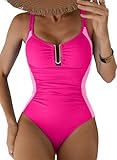 Aleumdr Tummy Control Swimsuits for Women Ruched Slimming One Piece Bathing Suit V Neck Color Block...