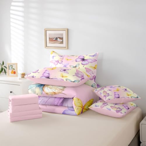 Image of Purple Yellow Butterflies 7 Pcs Bedding Set Full,Colorful Garden Wildlife Bed in a Bag,Rustic Farmhouse Bed Set Includes Comforter,Sheet Set,Pillowcases & Pillow Covers,Modern Aesthetic Bedroom Decor