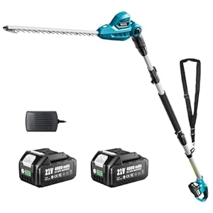 SEESII Teleskop Heckenschere Akku 2,6 m, Heckenschere Elektrisch mit 40 cm Doppelklinge, 2 * 4,0Ah Batterien, 135° drehbarer Schneidkopf, Ideal für Hohe Hecken und Dichte Sträucher im Garten