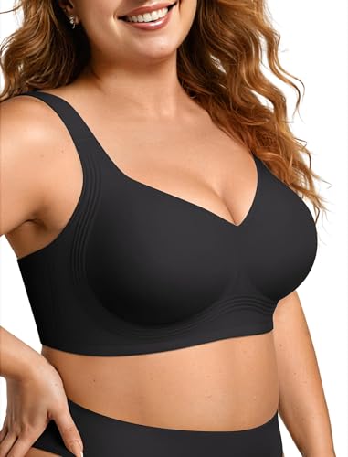 OEAK Womens Wireless Jelly Bra Plus Size Supportive Seamless Bras Full Coverage Push Up Comfortable No Underwire Tshirt Bras Black XXL