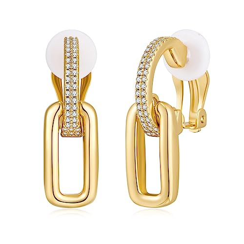 Gold Clip On Earrings For Women Matte Gold Plated Geometric Heart And Pearl Drop Earrings Clip Dangle Earrings