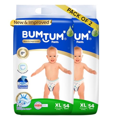 Bumtum Baby Diaper Pants, XL Size, 108 Count, Double Layer Leakage Protection Infused With Aloe Vera, Cottony Soft High Absorb Technology (Pack of 2) Bumtum Baby Diaper Pants, XL Size, 108 Count, Double Layer Leakage Protection Infused With Aloe Vera, Cottony Soft High Absorb Technology (Pack of 2)