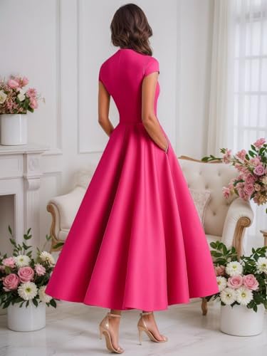 Tea Length Mother of The Bride Dresses for Women Cap Sleeves Formal Wedding Guest Dress Satin Evening Gowns2