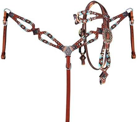 Showman Turquoise & Orange Beaded Leather Headstall & Breast Collar Set