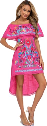 Image of YZXDORWJ Women's Mexican Asymmetrical Dress Embroidered Floral Off-Shoulder Cocktail Latina Fiesta Dress