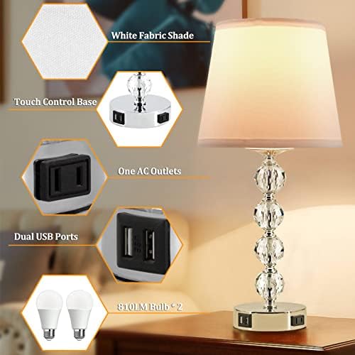 Touch Control Table Lamp, Bedside Lamps Set of 2, 3-Way Dimmable Table Lamp with 2 USB Charging Ports and One AC Outlet, Nightstand Lamp with White Shade, Table Lamps for Bedroom, 2 Bulbs Included