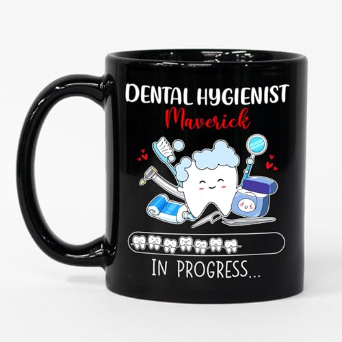 Personalized Dental Hygienist In Progress Black Ceramic Mug, Future Dental Hygienist Coffee Cup Gift, Custom Name Coffee Mug Gift For Dental Student Graduation, Loading Dentist Dental Hygienist Mug