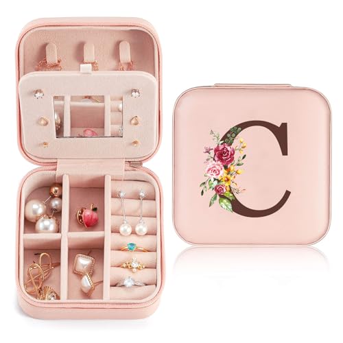 Sinekong Estuche Joyero Pequeño con Inicial C, Portátil Jewelry Organizer, Joyero Organizador de Viaje de Cuero PU, Joyero de Viaje Pequeño para Regalo Niña, Regalo Madre, Regalo Cumpleaños Rosa