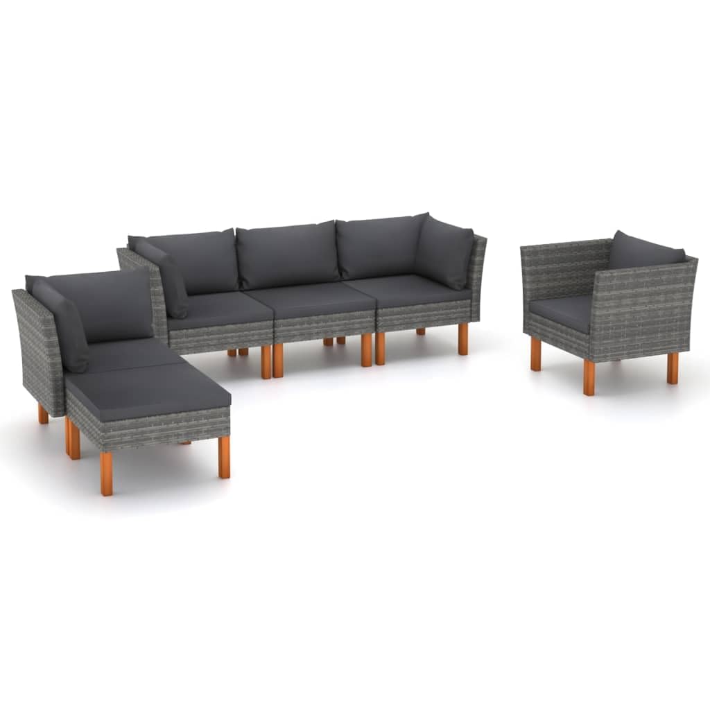 Set di mobili da giardino da 6 pezzi, in polyrattan e legno di eucalipto, grigio, con 8 cuscini per schienale e 6 cuscini per seduta, per esterni, terrazza, balcone, robusto e facile da