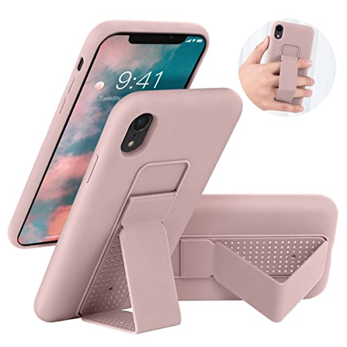 Laudtec Silicone Kickstand Case Compatible With Iphone Xr Case Vertical And Horizontal Stand Hand Strap Metal Kickstand, Flexible Soft Liquid Silicone Stand Case For Iphone Xr (Light Pink) #TOP8