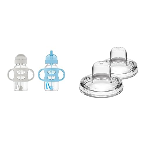 Dr. Brown's Milestones - Botella con popote de cuello ancho con asas 100% de silicona, 9 onzas, gris y azul, paquete de 2, 19.7 ft+ Options+
