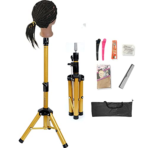 Wig Stand Tripod Wig Head Stand Golden Color Mannequin Head Stand Adjustable Heavy Duty Wig Stand Holder For Making Wigs,Maniquins Head,Cosmetology Hairdressing Trainning With Carry Bag