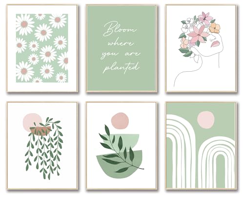 Sage Green Wall Art Posters, 8"x10" Botanical Plant Daisy Prints, Aesthetic Room Decor for Teen Girls, Dorm and Apartment,Decor, Matisse-Inspired Flower Wall Art Prints for Girls Room Decor