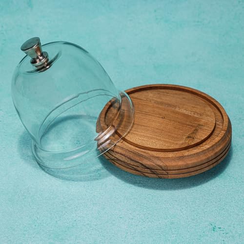 Image of Candy Glow Acacia Wood Cake Stand with Glass Dome - Wooden Cake Display Stand with Glass Cloche, Dessert & Cupcake Stand for Birthday & Celebrations