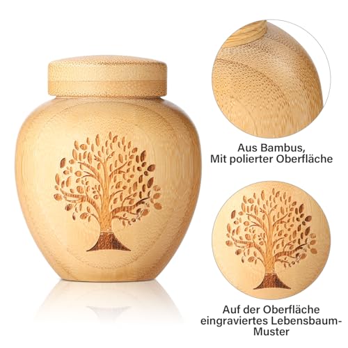 Kleine Urne für Menschliche Asche aus Bambus - Mini Andenken Mit Eingraviertem Lebensbaum-Muster für Menschen und Haustiere (Baum des Lebens, 1 Stück)