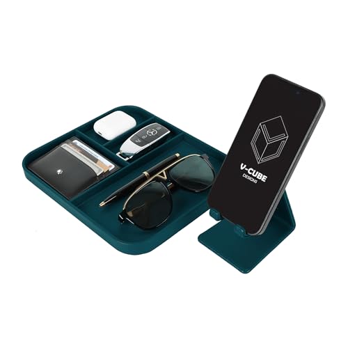 Image of V-CUBE Designs Premium Vegan Leather Executive Set of 6| Multipurpose Personal Desk Organizer| Desk Mat | Valet Tray| Tissue Holder | Pen Holder| Coaster | Mobile Stand for Office Table & Home - Teal