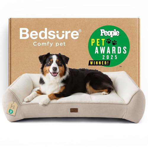 Image of Bedsure SupportMax XL Pro Orthopedic Dog Beds Large Sized Dog - Extra Thick Supportive Dogs Couch with Waterproof Washable Cover, Extra Large Comfort Pet Sofa with Soft Sherpa & Nonskid Bottom, Beige