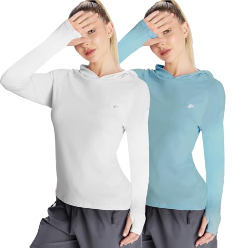La Mejor Lista de Camisetas y camisas deportivas para Mujer del mes. 50 Paquete de 2 camisetas UPF50+ de manga larga para mujer, con capucha de protección UV, ropa de senderismo, atlética al aire última intervensión, camisa ligera, Blanco&azul,...