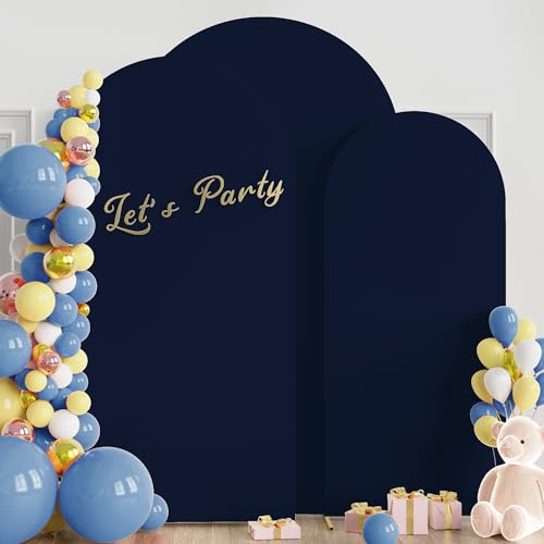 Image of Wokceer Wedding Arch Backdrop Cover 7.2FT, 6.6FT, 6FT Set of 3 Spandex Fitted Navy Blue Arch Covers for Round Top Chiara Arch Backdrop Stands Cover for Birthday Party Ceremony Decor