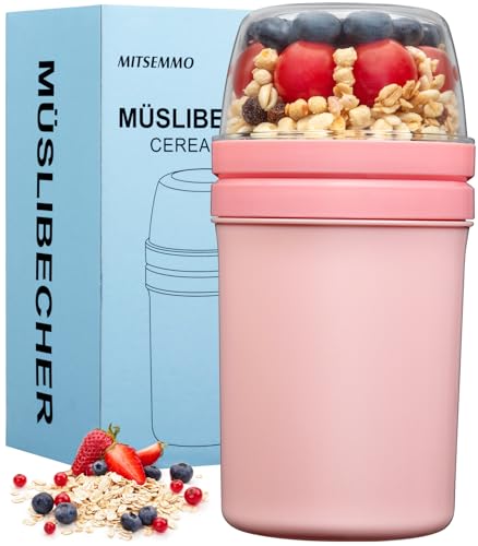 Mitsemmo Müslibecher to Go 600ml+270ml,Joghurtbecher to Go Kinder mit Löffel,Müsli Cup Cornflakes to Go Becher,Müslibecher Müslidose Müslischale Frühstücksdose Müslibox Joghurt Box to Go (Rosa)