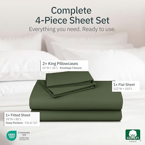 Image of Super Soft 100% Cotton King Size Sheets Set, 4 Pc Set, Olive Green | Lightweight & Breathable For Hot Sleepers, 14 inch Deep Pocket, All-Around Elastic, Durable, Easy Care, OekoTex Certified
