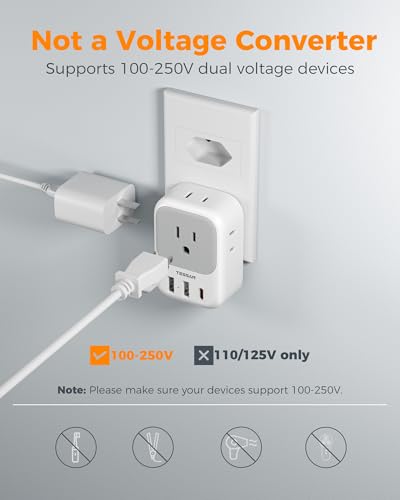 Image of TESSAN Brazil Power Adapter PD 20W, Type N Plug Adapter with 4 American Outlets 3 USB Charger (1 USB C Port), US to Brazil Travel Adaptor for USA to Brazilian Brasil