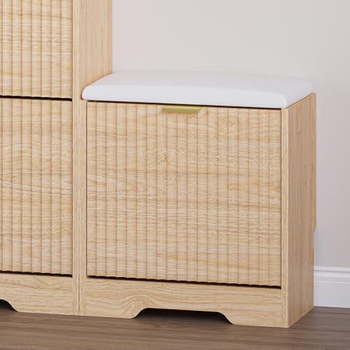Image of BORNOON Slim Shoe Cabinet with Bench for Entryway, Hidden Storage and Adjustable Shelves, Free Standing Wooden Shoes Organizer for Hallway, Foyer