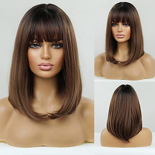 EMMOR Short Light Brown Bob Hair Wigs for Women s Ladies Girls 17-Inch Natural Synthetic Wigs With Fringe Bang High Heat Resistant Hair Wig for Daily Party Cosplay Wig(Free Wig Cap)