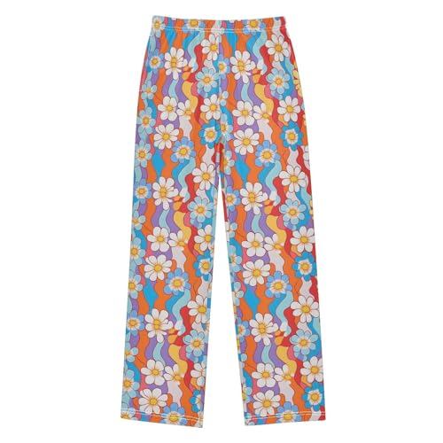 Pajama Pants Sleep Pants Soft Elastic Waist Pajama Lounge Pants White Blue Yellow Flower for 6-14 Years Old