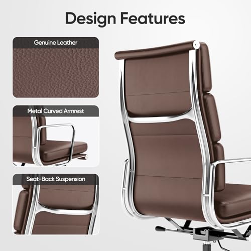 Image of Genuine Leather Office Chair, Padded High Back Ergonomic Executive Desk Chair with Aluminum Arm Rest and Base, Swivel Wheels with Lumbar Support & Tilting Function, Hight Adjustable, Dark Brown