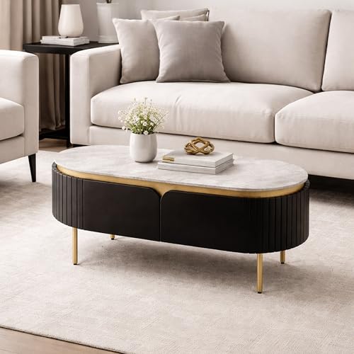 Image of The Attic Carlston Coffee Table for Living Room, Solid Wood Centre Table with Ceramic Top, Black Matte Finish, Oval Shape with Gold Accent