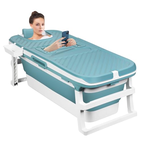 50" Foldable Bathtub for Adults, Large Portable Bath tub with Storage Basket, 1.3 Meter Foldable Bathtub with Thermal Cover and Massage Board for Indoor/Outdoor Use (Blue-3-50")
